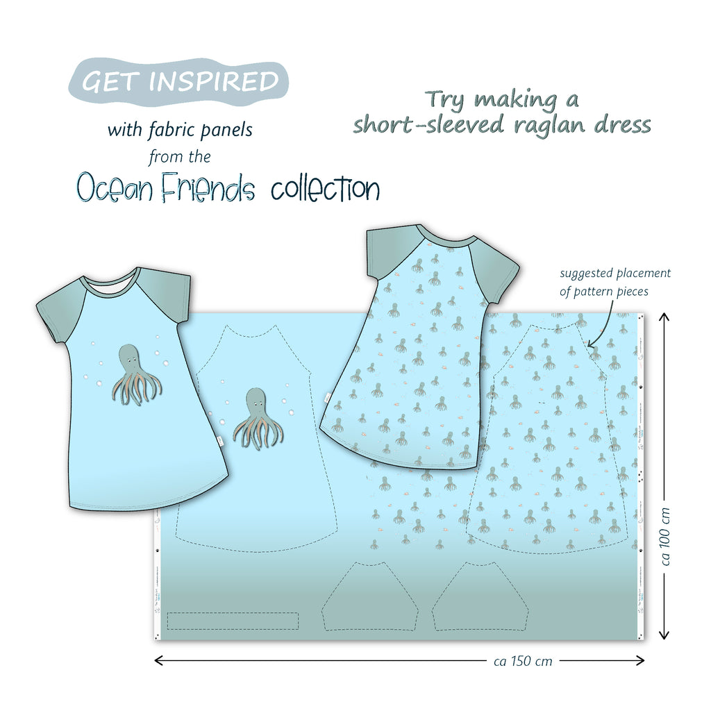 Inspiration for making a short-sleeved raglan dress with a big fabric panel made of organinc cotton featuring a fun octopus - from The Friendly Cat Fabrics